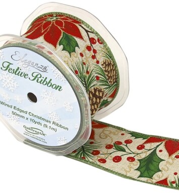 50mm Eleganza Wired Edge Ribbon Glitter Poinsetta