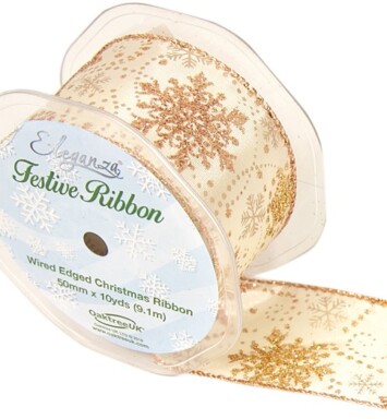 50mm Eleganza Satin Wired Edge Snowflake Ribbon - Gold/Rose Gold