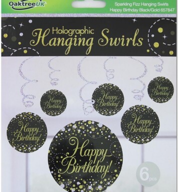 Sparkling Fizz Hanging Swirls Happy Birthday - Black & Gold