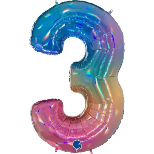 40 Inch Colourful Rainbow Holographic Number 3 Foil Balloon
