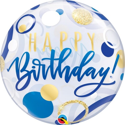 22" Birthday Blue & Gold Dots Bubble Balloon