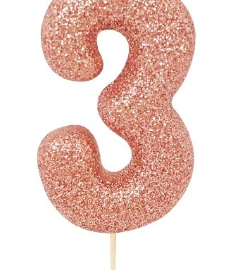 Age 3 Glitter Numeral Moulded Pick Candle - Rose Gold