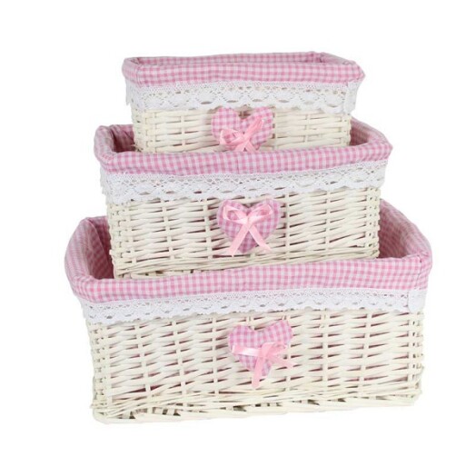 Set of 3 White Basket with Pink Liner