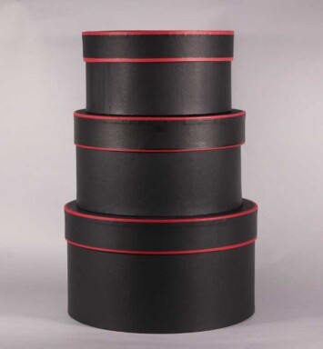 Set of 3 Round Hat Boxes - Black with Red Trim
