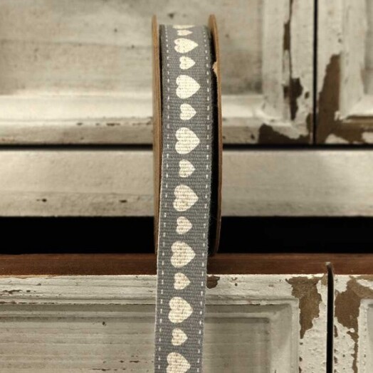 Grey Linen Ribbon with Hearts