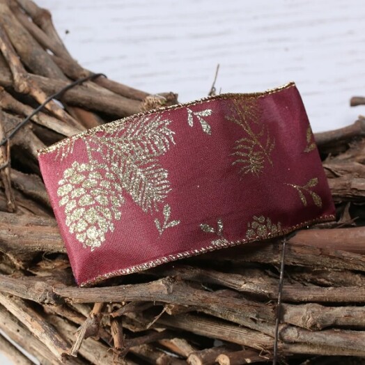 Burgundy with Gold Glitter Fir and Cone Ribbon