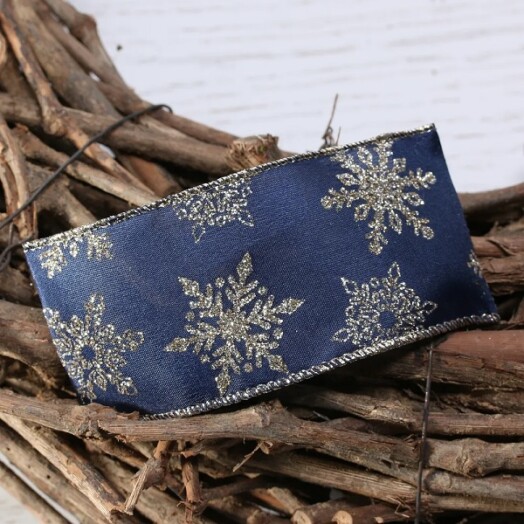 Navy with Gold Glitter Snowflakes Ribbon